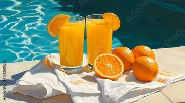 Obraz Orange juice and oranges on linen towel by a pool