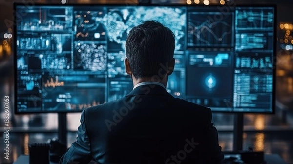 Fototapeta Cybersecurity Analyst Reviewing Data on Multiple Screens