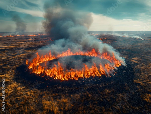 Fototapeta Vast field ablaze, circular fire
