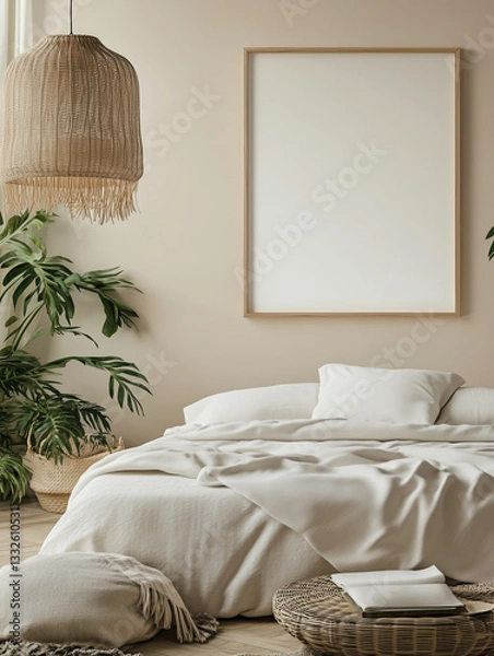 Fototapeta Serene Sanctuary A Cozy Bedroom Oasis with Natural Greenery and Fringed Warmth, Embracing Minimalist Elegance.