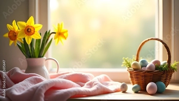 Fototapeta Cozy Easter still life with pink shawl, spring daffodils and pastel Easter eggs in a wicker basket by a large window. Warm, serene and inviting Easter atmosphere with soft natural light and copy space