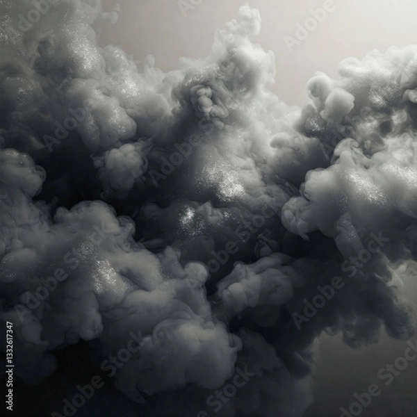 Obraz An abstract close-up of a dense, layered formation of dark gray and white clouds against a lighter gray background, creating a moody, dramatic effect