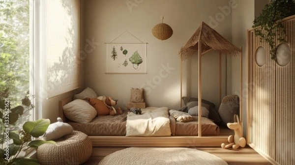 Fototapeta Create a nature-inspired kids room home interior design earthy tones child's perspective cozy and imaginative concept