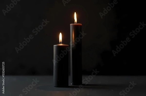 Fototapeta Elegant black mystic candles, casting a soft glow in a minimalist style on a black background.