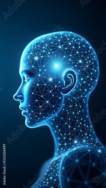 Fototapeta Connected Mind: A stylized representation of a human form, constructed from a network of interconnected points and lines, evokes the complex and intricate nature of the human mind and intellect.