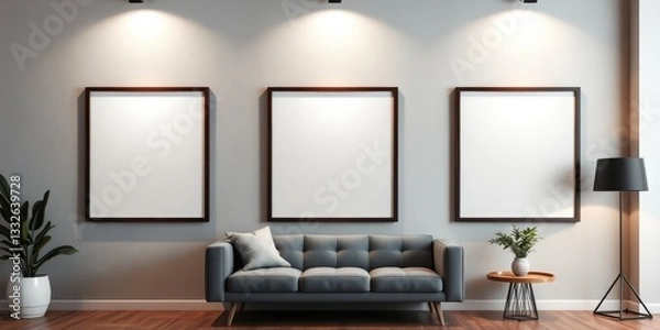 Fototapeta Modern Minimalist Living Room with Empty Picture Frames and Comfortable Sofa