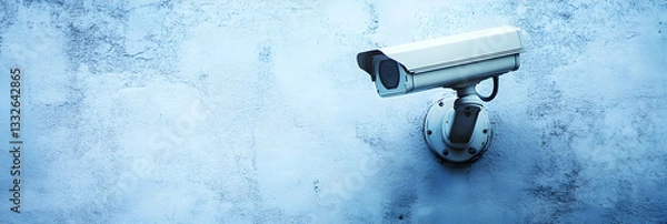 Fototapeta A white security camera is on a wall. The camera is in the middle of the wall and is facing the right