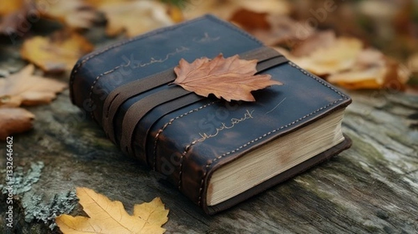 Fototapeta Handmade leather bound book with strap and leaf lying on rustic wood and surrounded by fallen leaves