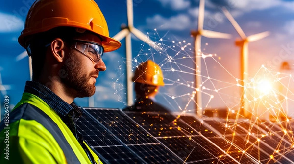 Fototapeta Focused Engineer Inspecting Solar Panels Near Wind Turbines