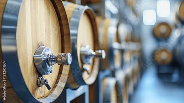 Fototapeta Wooden wine barrels in fermentation room, showcasing aging process