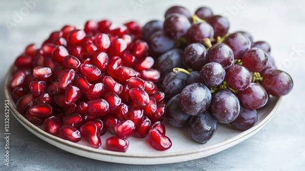 Fototapeta Organic grapes and pomegranate seeds arranged in a beautiful pattern on a white plate, illuminated by soft natural light. Perfect for promoting organic fruits in health-focused campaigns.