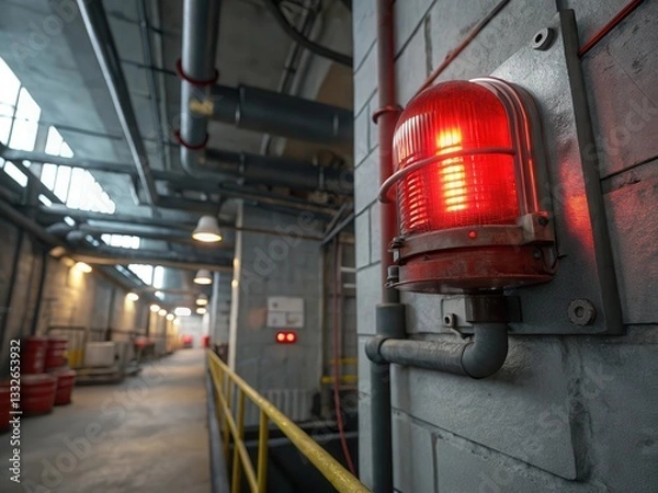 Fototapeta A red warning light illuminates a factory corridor, highlighting industrial features like pipes and storage barrels in a functional setting.