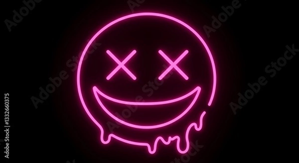 Fototapeta A digital illustration features a neon pink smiling face with "X" shaped eyes and a melting mouth. The background is solid black.