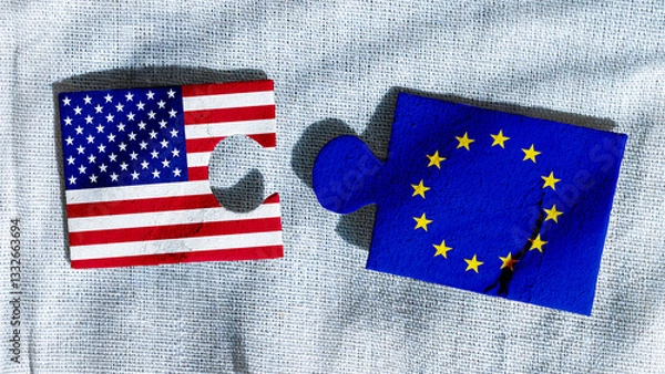 Fototapeta USA vs EU. Tensions Between the United States of America and European Union. Disconnected Puzzle Pieces Symbolize Broken Relations and Geopolitical Disputes.