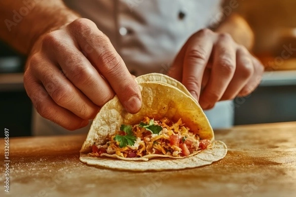 Fototapeta Preparing Tasty Tacos With Fresh Ingredients in a Cozy Kitchen Setting During the Late Afternoon