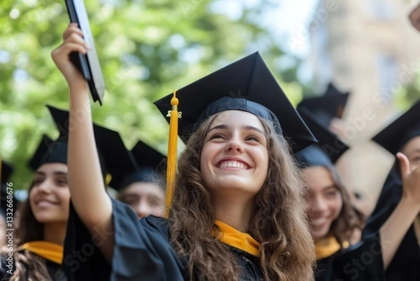Fototapeta Graduate celebrating accomplishment with her class in a university square, feeling accomplished