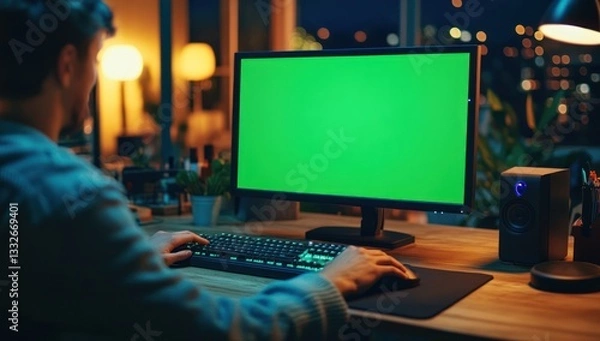 Fototapeta Man working on computer with green screen in modern apartment at night, use for advertising