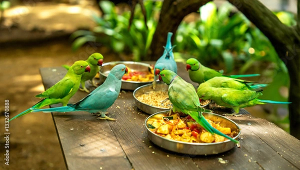 Fototapeta Colorful parrots gather around food in a lush garden