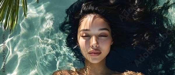 Fototapeta Woman Portrait with Deep Black Silky Straight Hair Floating Over Transparent Water with Reflected Palm Leaves. Copy space. Generative AI