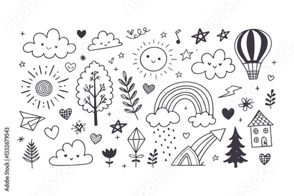 Fototapeta Hand Drawn Crayon and Chalk Doodle Sticker Set: Cute Cloud, Flower, Star, and Heart Elements for Kids