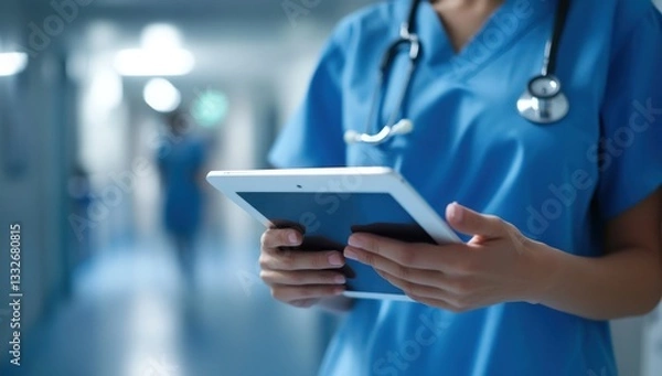 Fototapeta Nurse uses tablet in a hospital corridor with another person blurred in the background. For healthcare