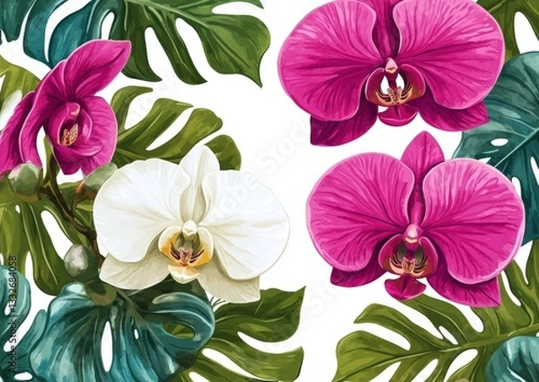 Fototapeta A pattern with a seamless tropical botanical theme, featuring exotic flowers and leaves in watercolor, set against a floral background with orchids and various tropical foliage