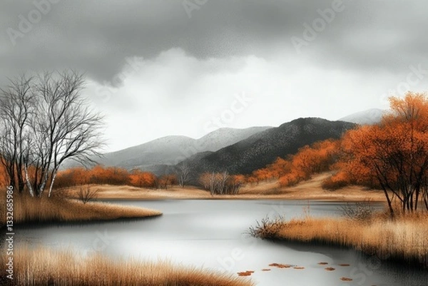 Obraz Autumn Landscape With Vibrant Trees and Calm Waters Reflecting Overcast Sky