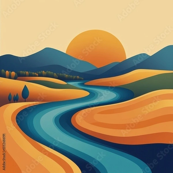 Fototapeta Scenic View of a River Flowing Through Rolling Hills at Sunset Under a Clear Sky
