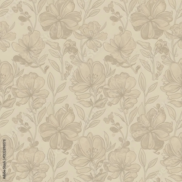 Fototapeta Delicate hand-drawn floral seamless pattern in muted earthy tones. Seamless Patterns