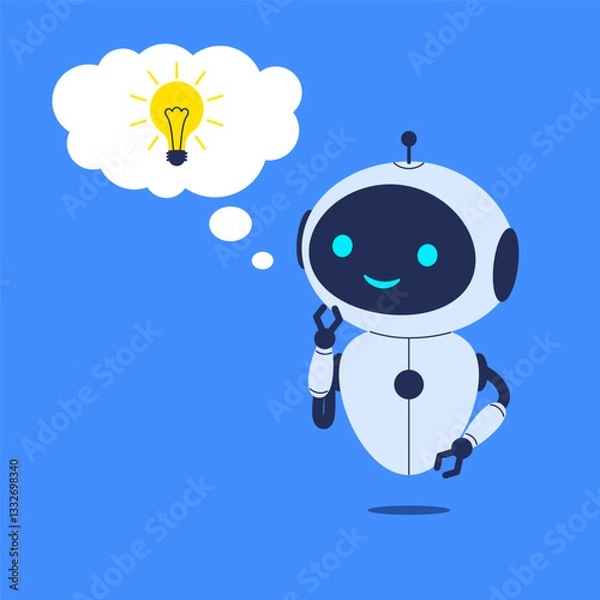 Obraz Robot with light bulb above its head, symbolizing new idea. Vector illustration for artificial intelligence, brainstorming, and creative thinking concepts