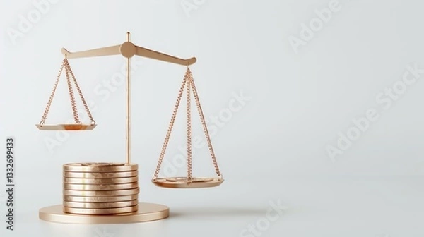 Fototapeta A 3D financial balance scale with coins and assets represents wealth distribution and management. Clear and precise composition with sharp focus.