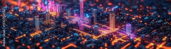 Fototapeta Immerse in a neon-infused cyber-cityscape, with renewable energy grids, captured in ultra-HD from above