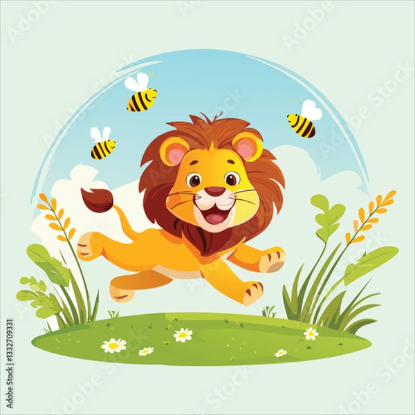 Fototapeta cute cartoon lion cub in meadow vector illustration