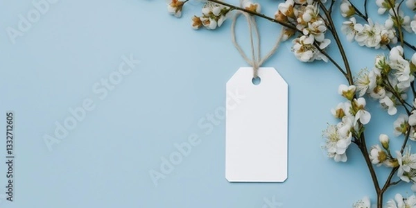 Fototapeta A white tag is hanging from a branch of a tree. The tag is blank, and the image is of a blue background