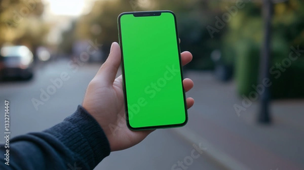 Fototapeta Realistic shot of a person holding a smartphone with a blank green screen