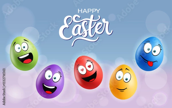 Obraz Color realistic eggs with funny faces on gradient background. Different emotions, cartoon smile. Set of eggs emoji banner. Happy Easter holiday poster illustration. Various colours.