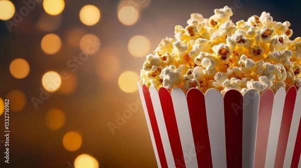 Fototapeta A close-up of a striped popcorn bucket filled with buttery popcorn against a blurred, festive background