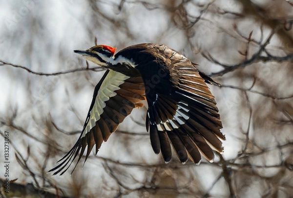 Fototapeta Pileated Woodpecker in flight in Winter