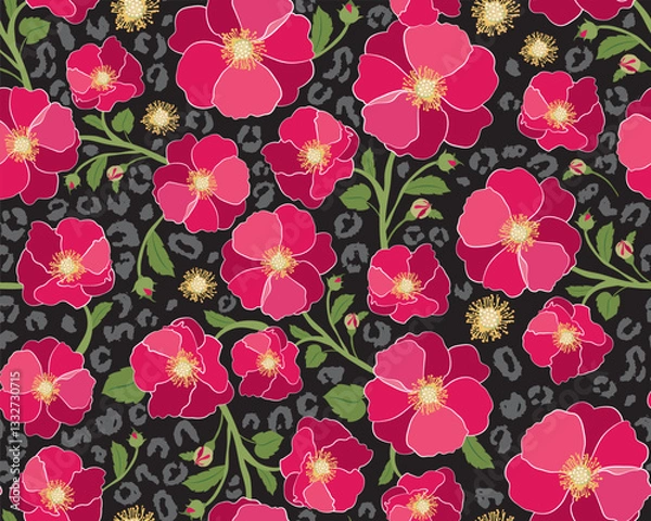 Fototapeta Vector pink poppy flowers seamless pattern design with leopard skin silhouette.