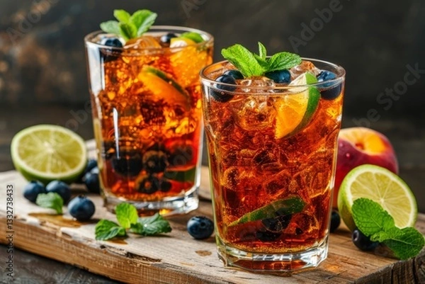 Fototapeta Refreshing peach iced tea with mint and blueberries in a rustic glass adorned with fresh fruits