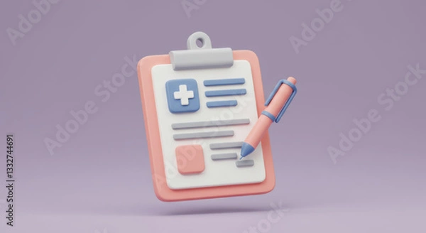 Fototapeta 3D icon of a medical chart with a clipboard and a pen attached