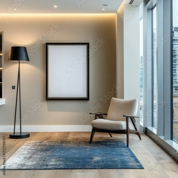 Fototapeta Modern office corner with empty frame, armchair, and city view