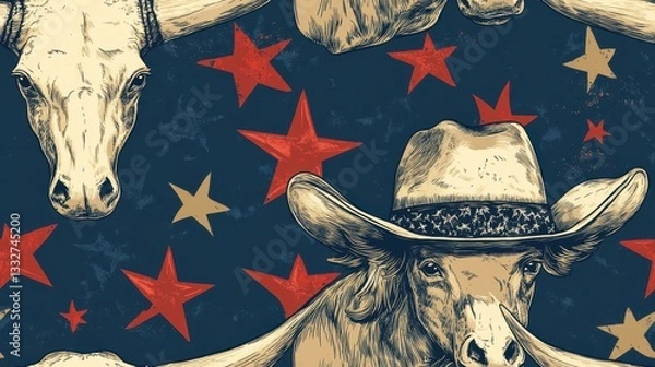 Obraz Realistic seamless pattern featuring iconic Texas elements, including cow skulls, a cowboy hat, and stars on a vintage background