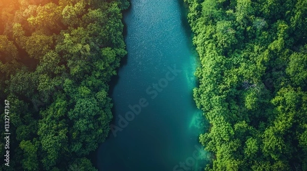 Obraz Aerial view of a beautiful river winding through an American National Forest - Image 8 of 12 - 5824 x 3264 19MP - created by AI