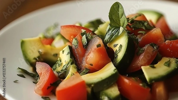 Obraz Fresh tomato and avocado salad with basil.