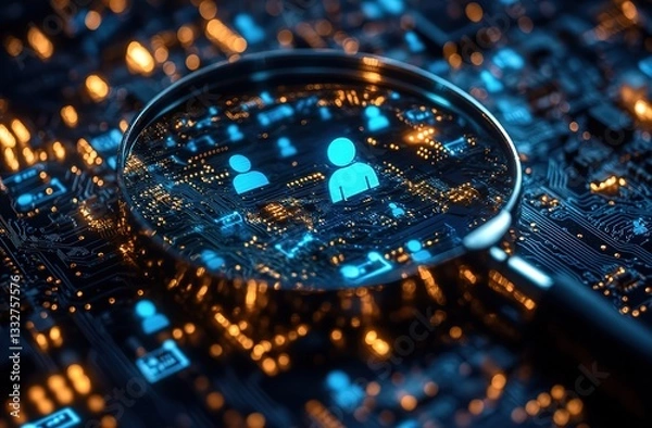 Fototapeta Through a magnifying glass, blue human - like icons on a circuit board are prominently displayed, highlighting the relationship between technology and human aspects in an electronic and digital world.