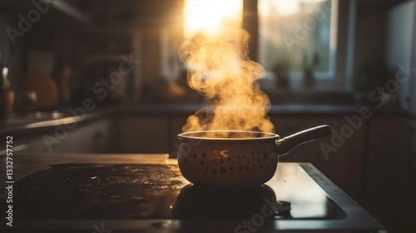 Obraz Steaming pot on stovetop at sunset in a cozy kitchen.