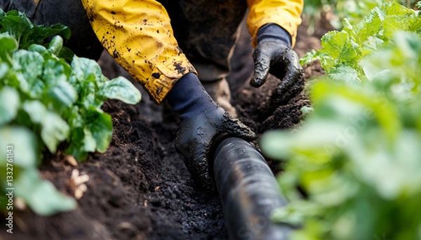 Fototapeta Landscaper Installing Drainage Pipe in Garden with Focus on DIY Construction, Outdoor Maintenance, Efficient Gardening Solutions