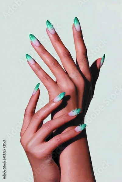 Fototapeta Female hands with trendy green nail design on light background, elegant finger pose, artistic shadow and lighting Vibrant Summer Fruit-Inspired Nail Art with Watermelon Patterns