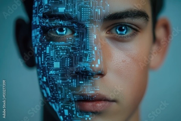 Fototapeta Human face overlaid with a futuristic digital circuit board design, showcasing a blend of human and artificial intelligence.